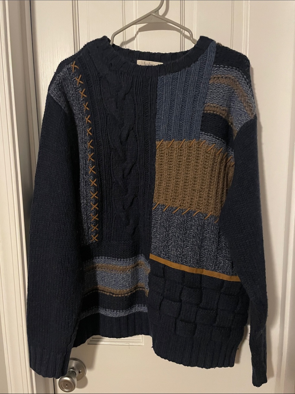 Turnbury Men's Patchwork Wool Sweater - Navy & Brown L Fisherman